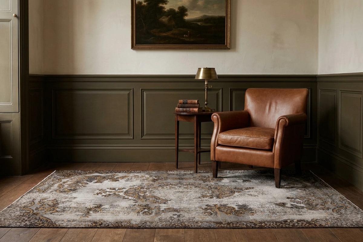 Gray Turkish rug in a library