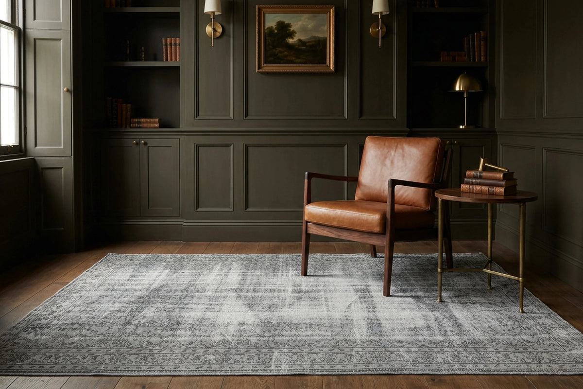 Gray Turkish rug in a styled room