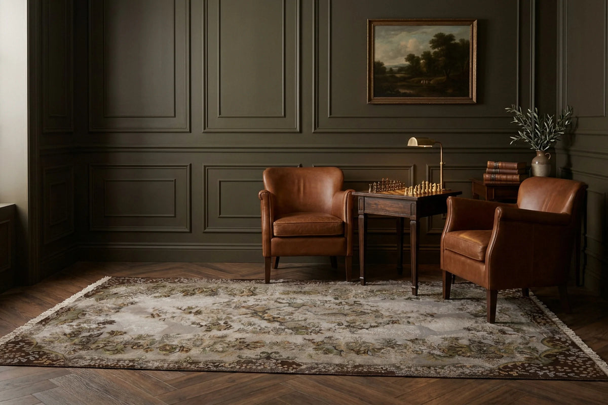 Gray Turkish rug in a styled room