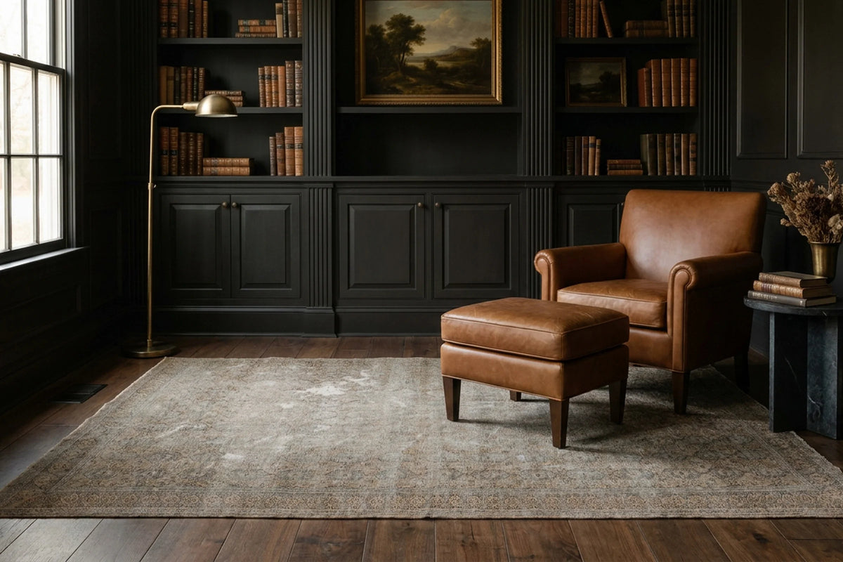 Gray Turkish rug in a study