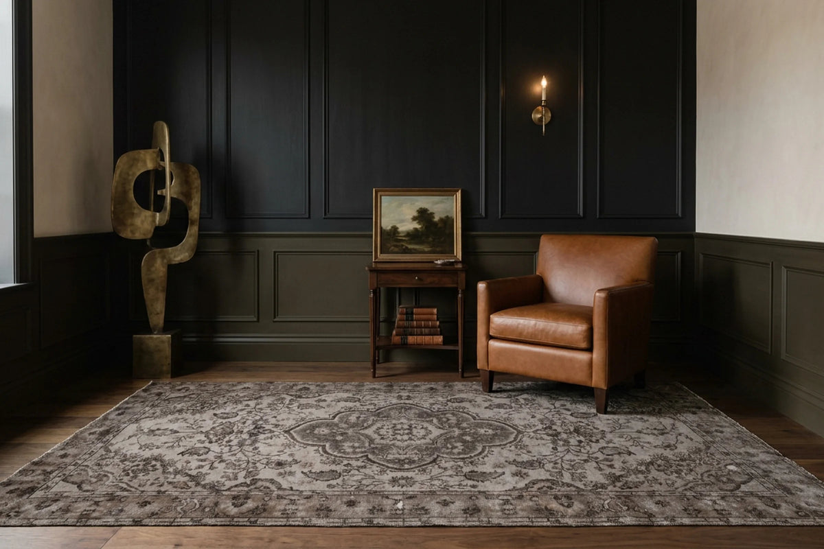 Gray Turkish rug in a styled room