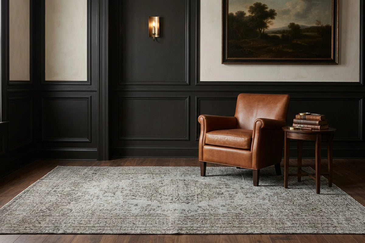 Gray Turkish rug in a styled room