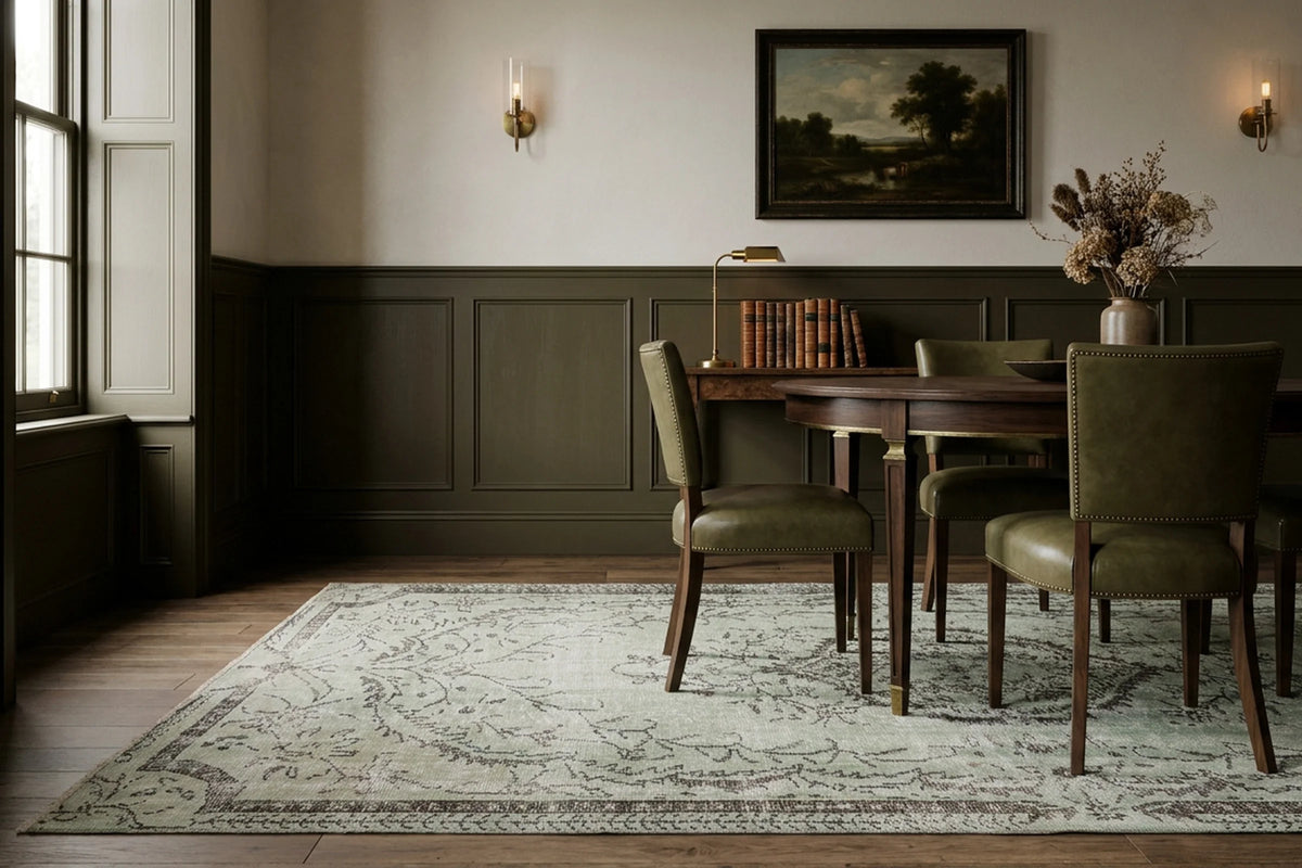 Gray Turkish rug in a styled room