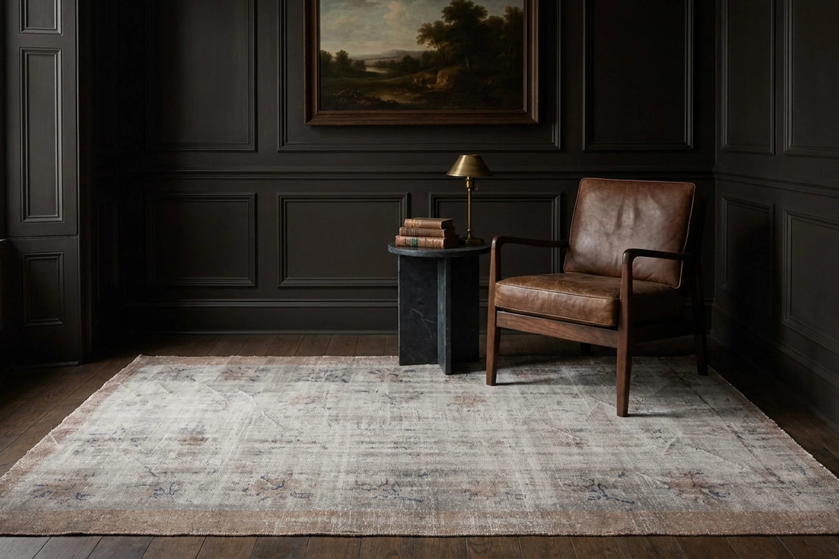 Gray Turkish rug in a styled room