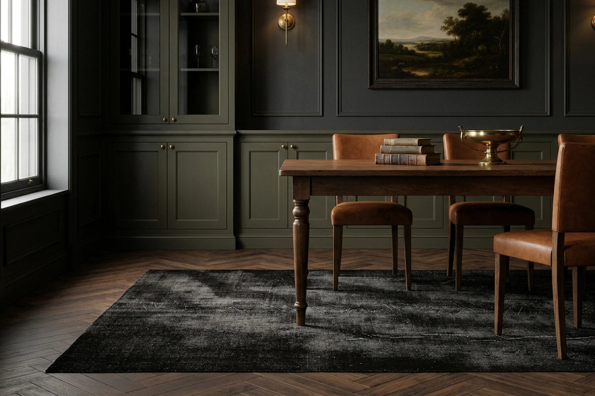 Gray Turkish rug in a dining room