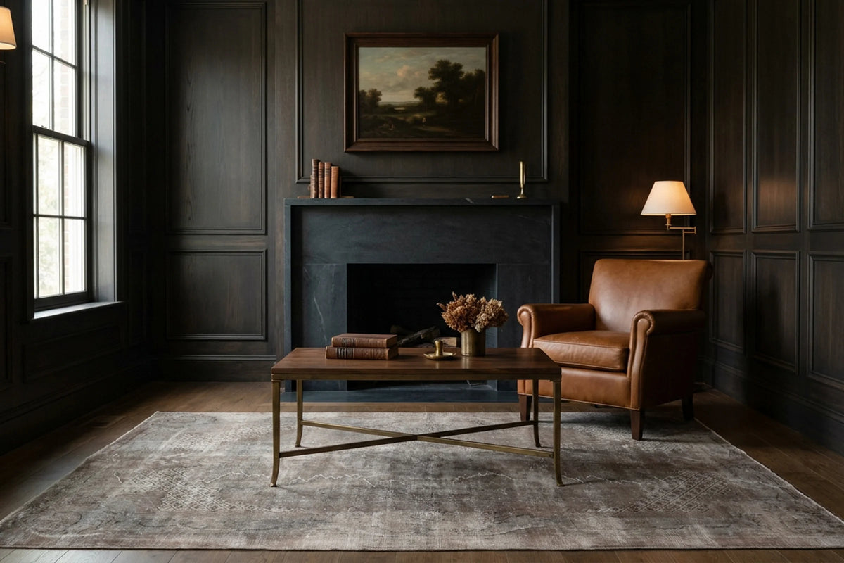 Gray Turkish rug in a den