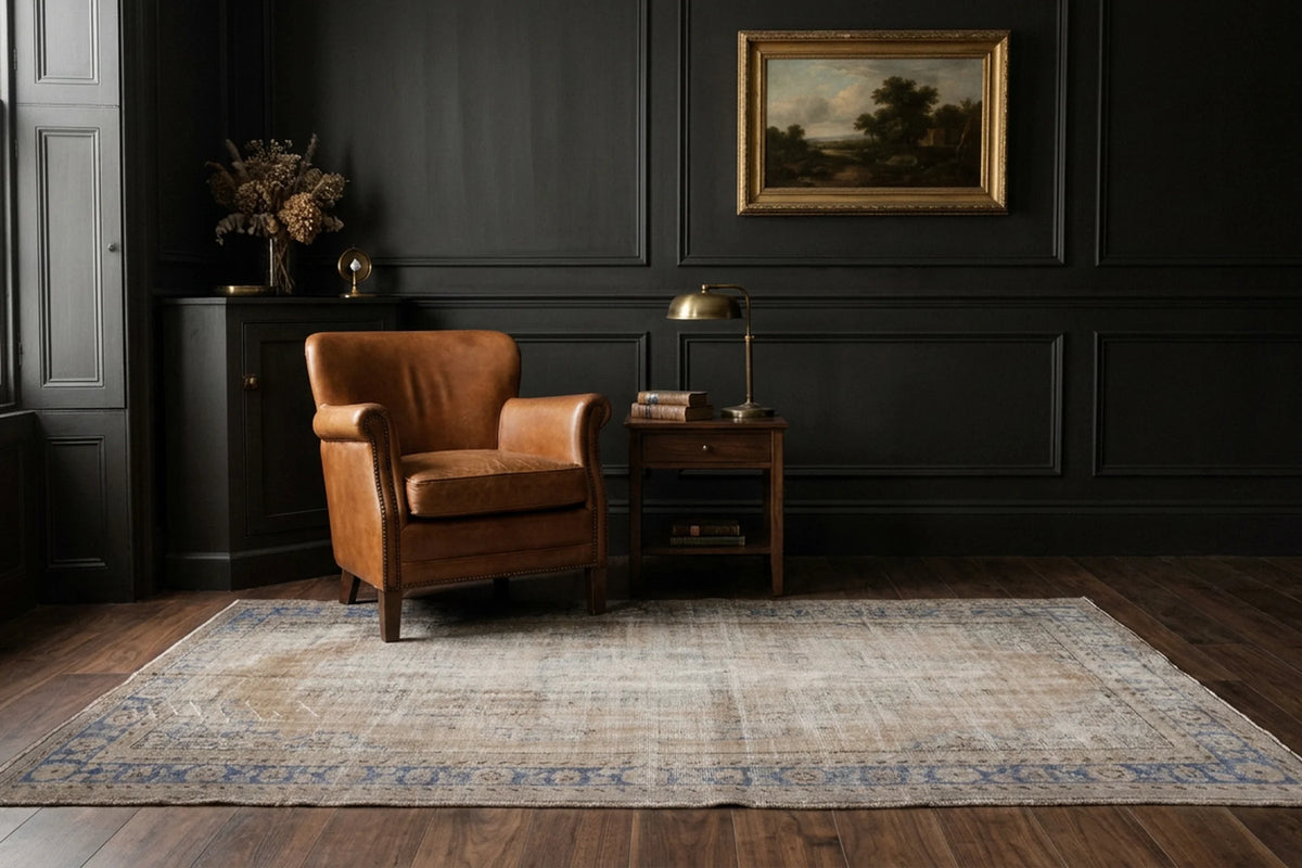 Gray Turkish rug in a styled room