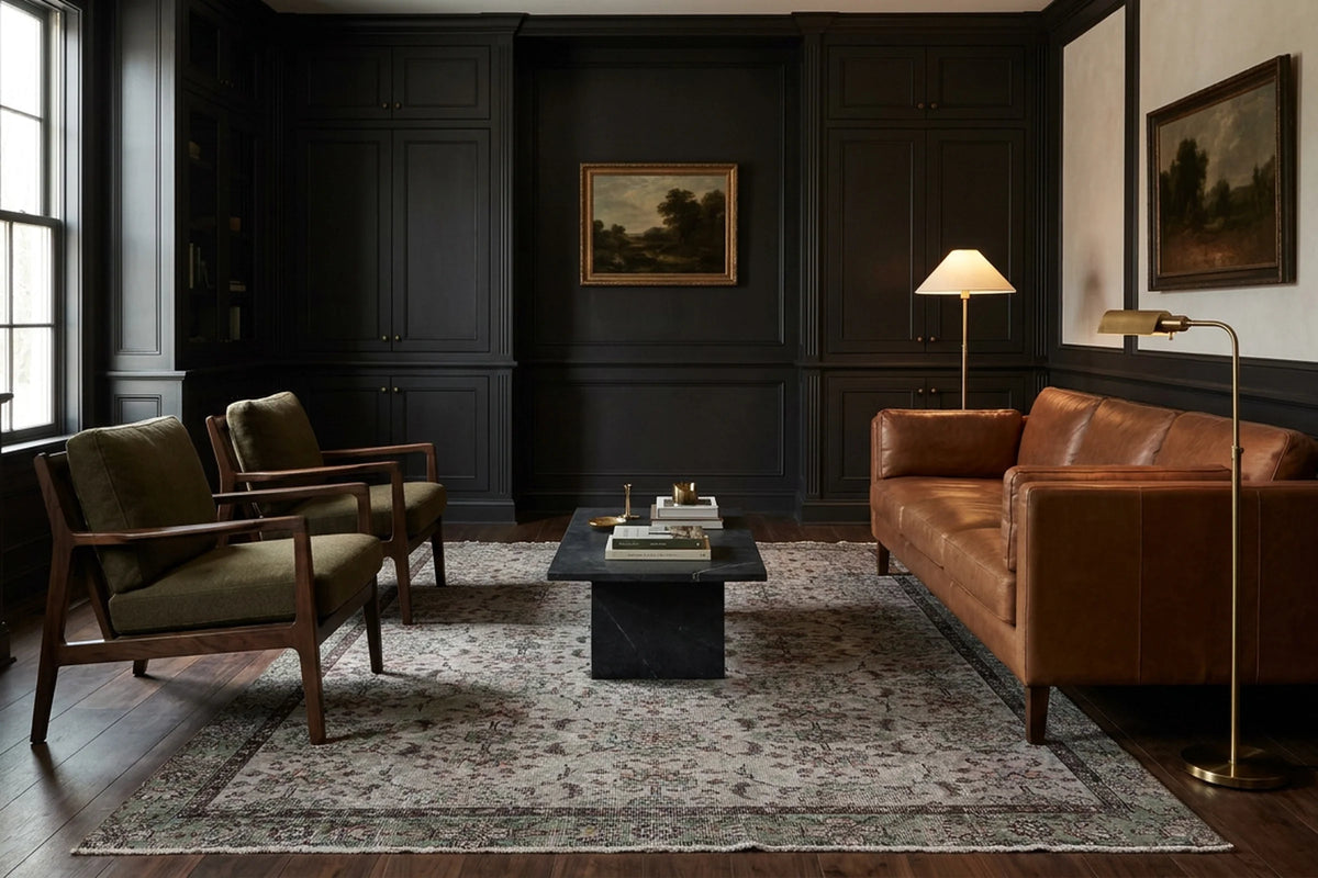Gray Turkish rug in a styled room