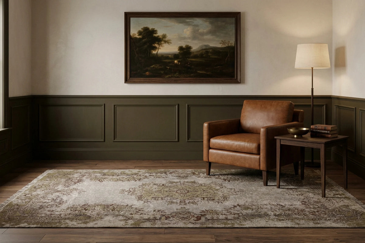 Gray Turkish rug in a styled room