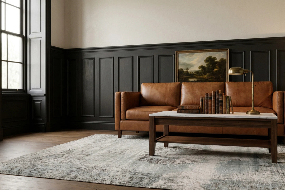 Gray Turkish rug in a styled room