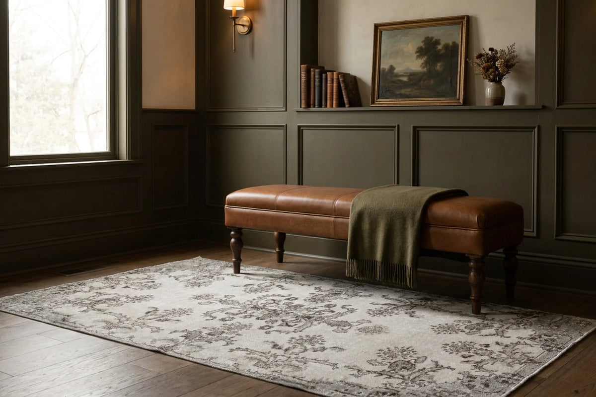 Gray Turkish rug in a styled room