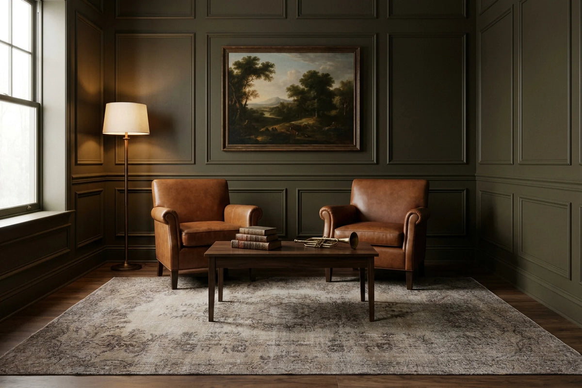 Gray Turkish rug in a styled room