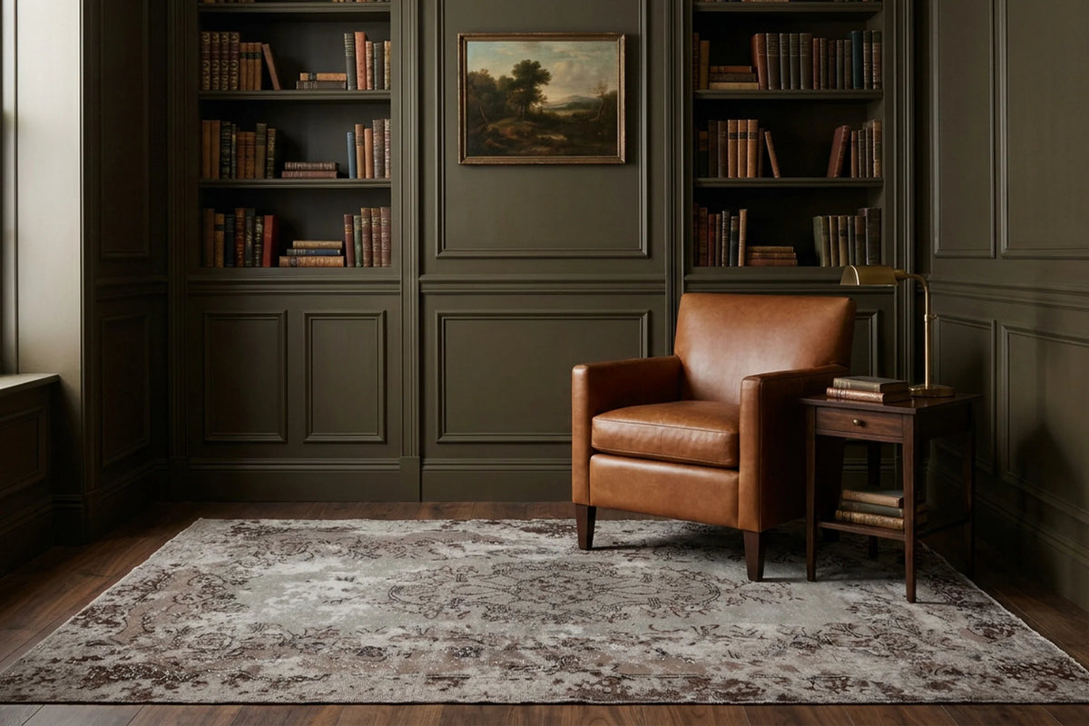 Gray Turkish rug in a library