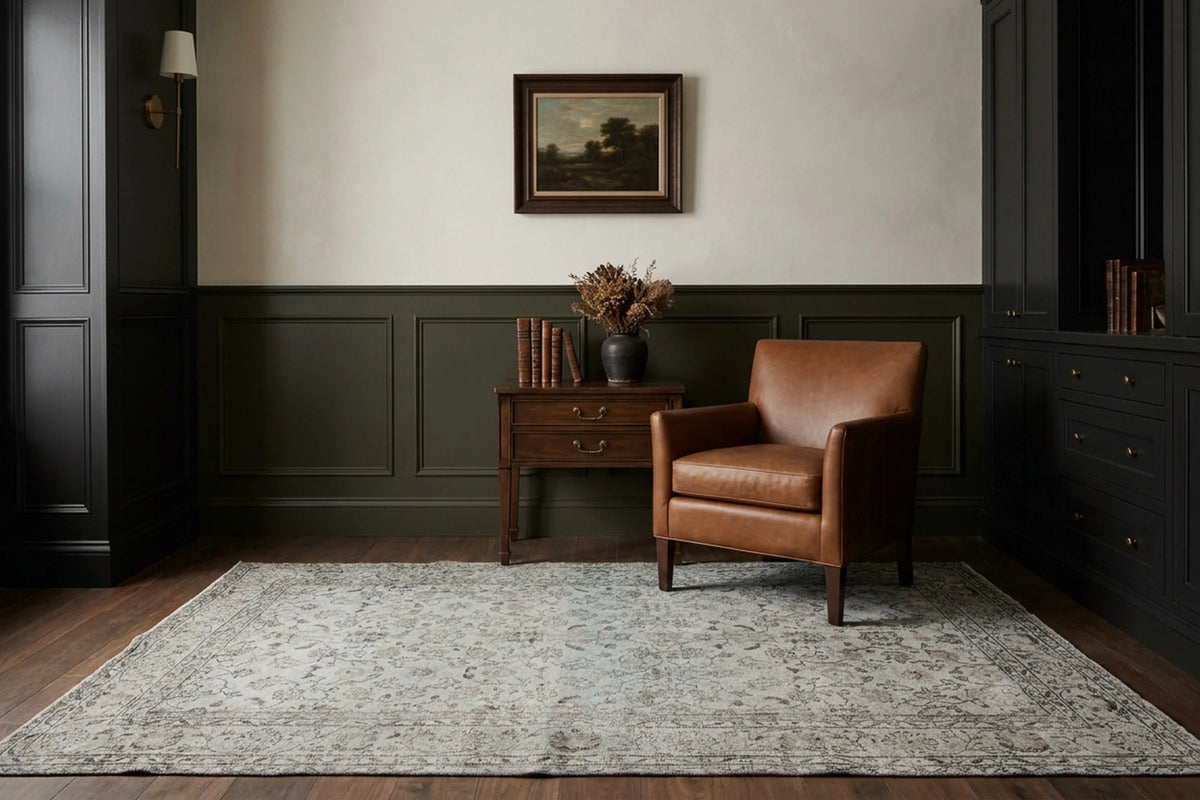 Gray Turkish rug in a styled room