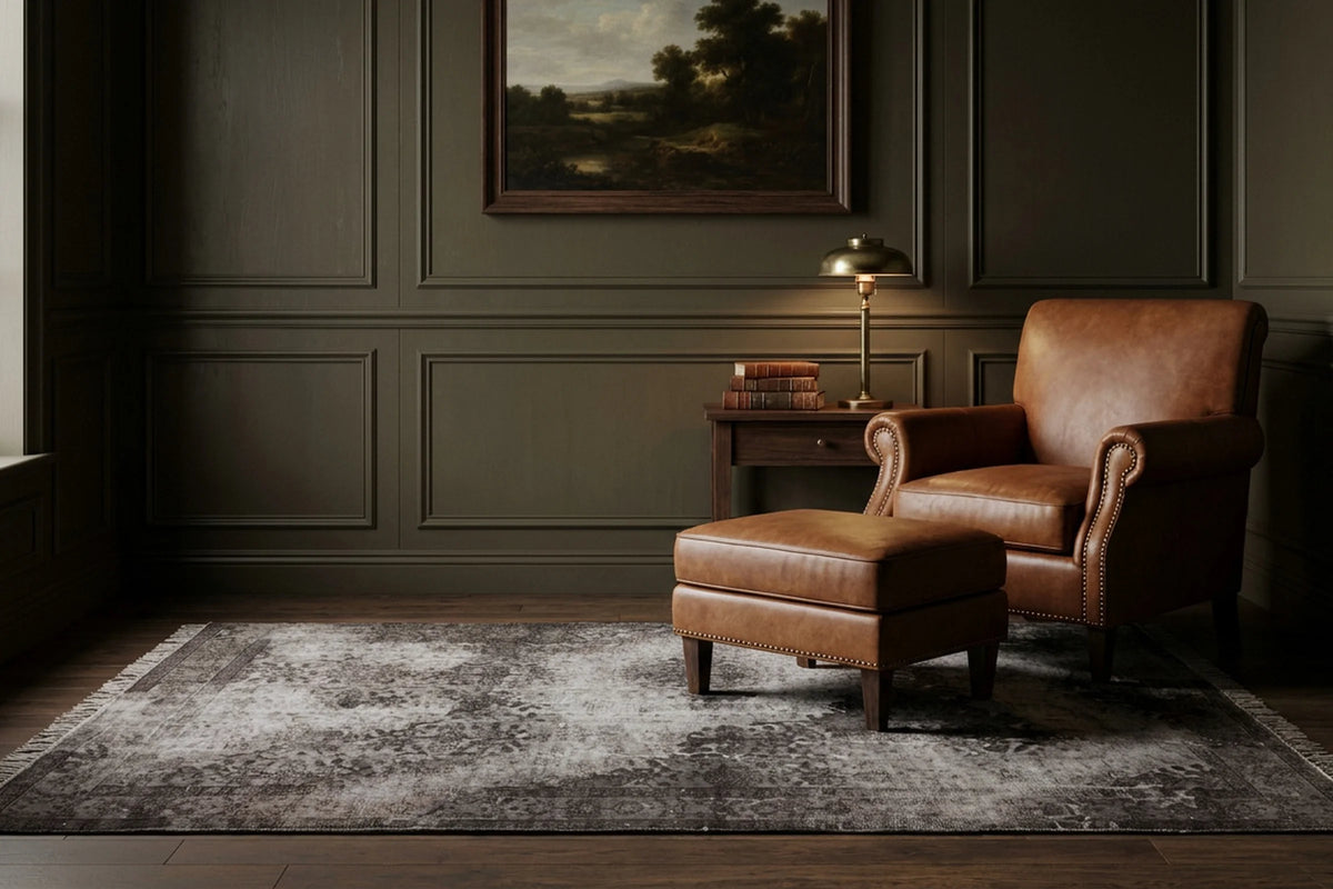 Gray Turkish rug in a styled room