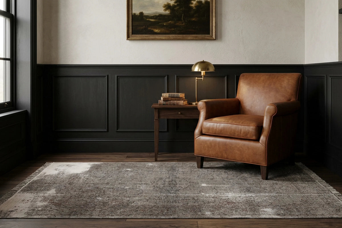 Gray Turkish rug in a study