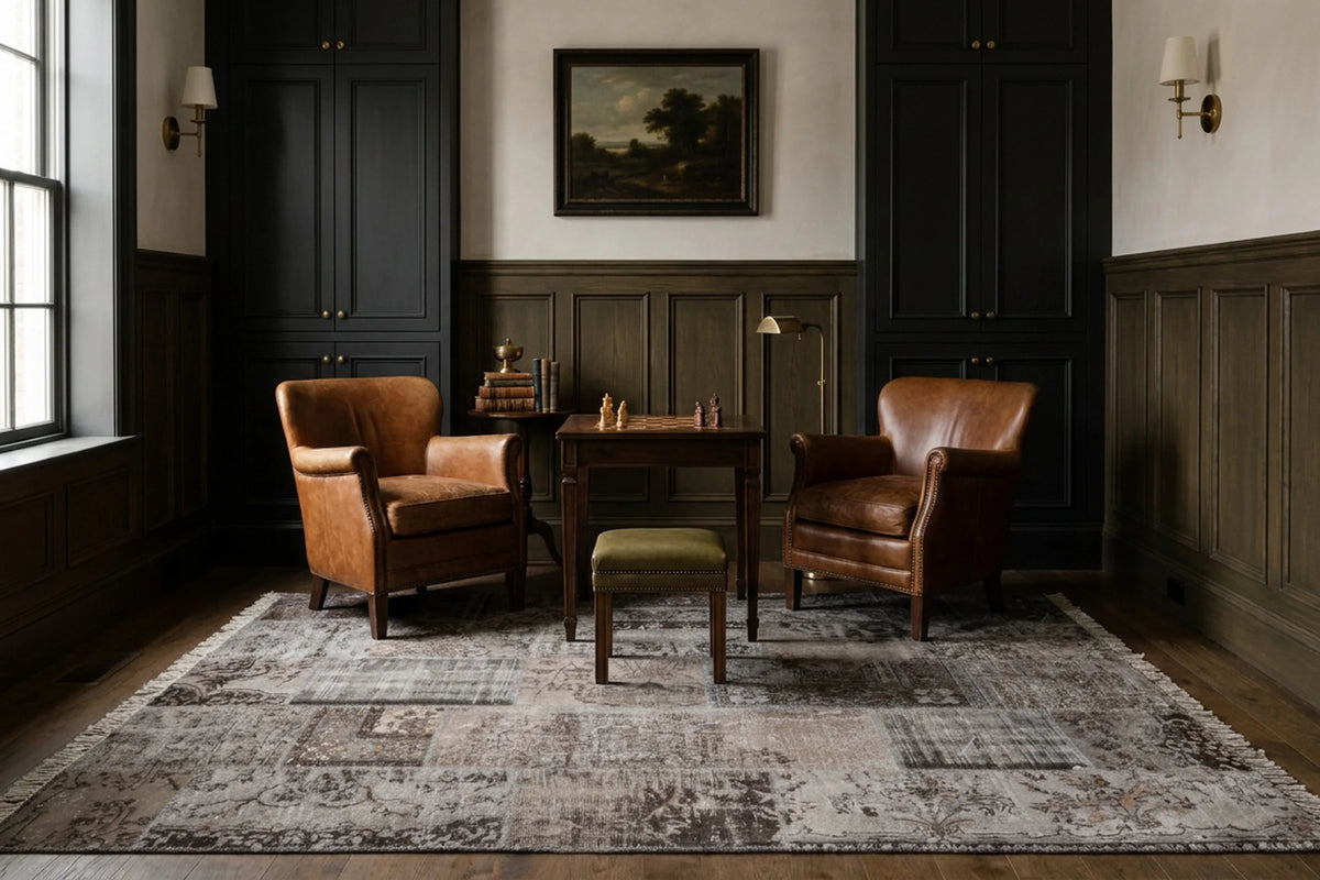Gray Turkish rug in a styled room