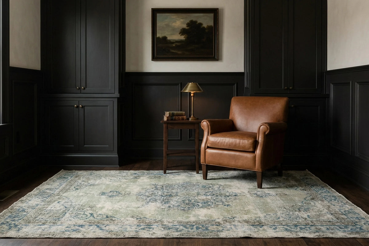 Green Turkish rug in a styled room
