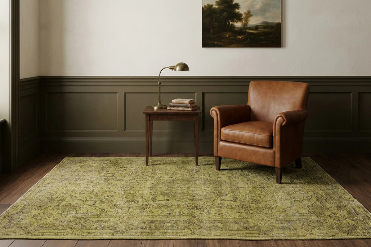 Green Turkish rug in a styled room