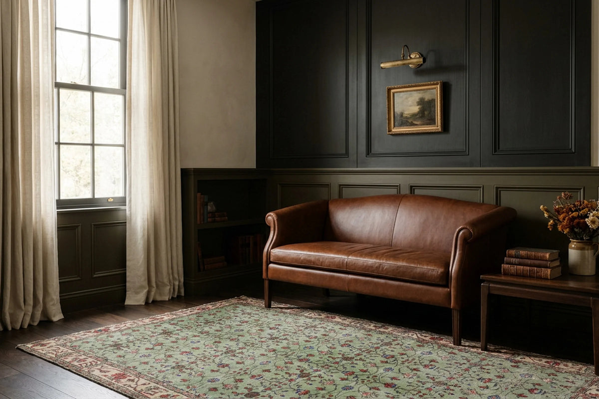 Green Turkish rug in a styled room