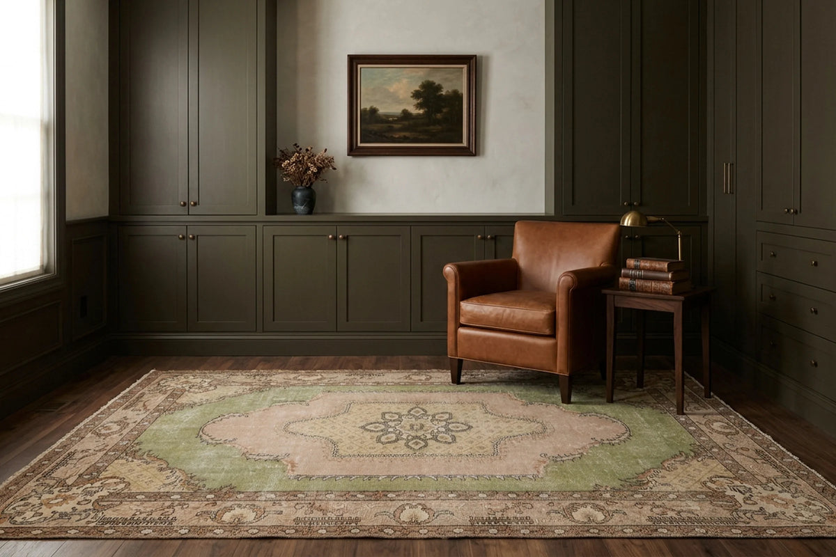 Green Turkish rug in a styled room