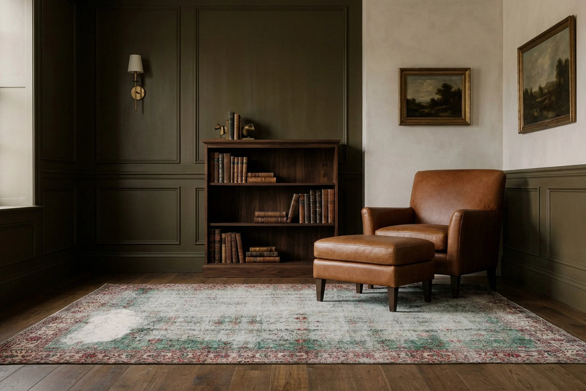 Green Turkish rug in a styled room