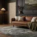 Green Turkish rug in a styled room