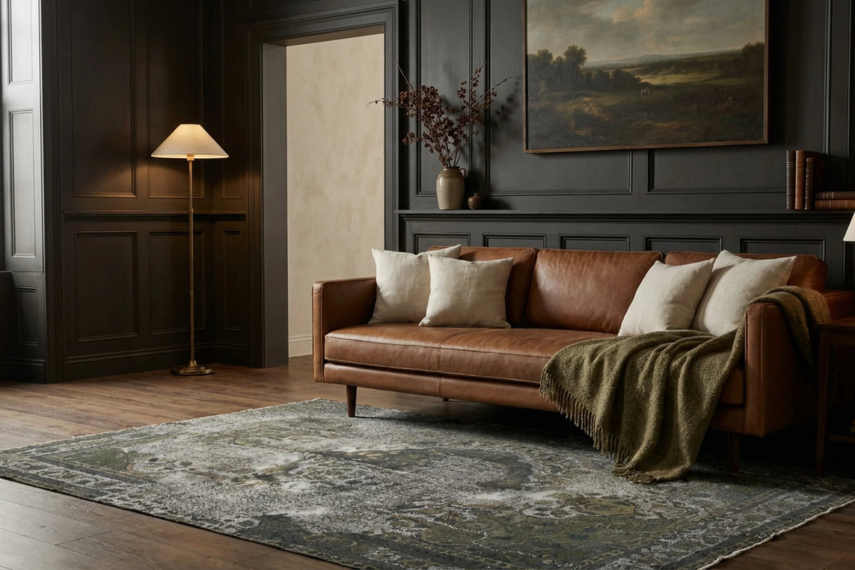 Green Turkish rug in a styled room