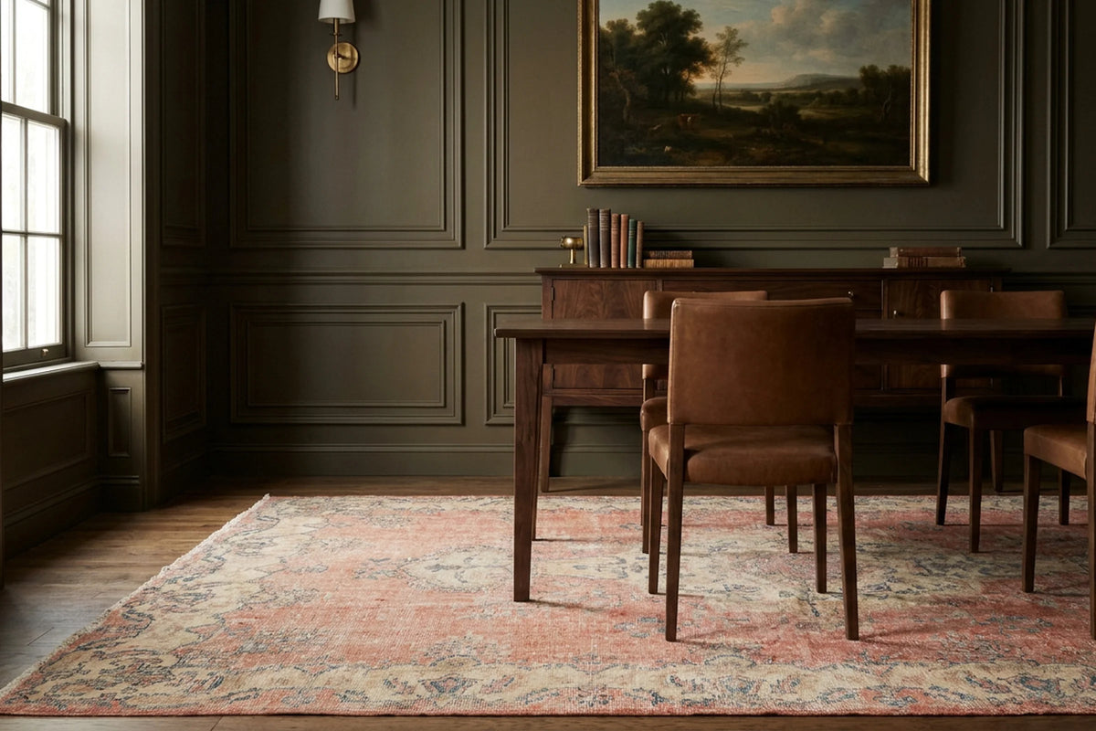 Green Turkish rug in a dining room