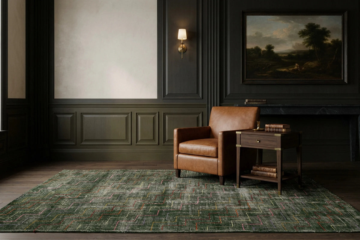 Green Turkish rug in a styled room