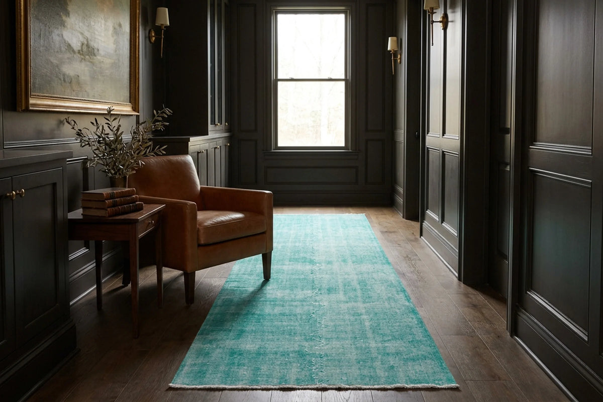 Green Turkish rug in a styled room