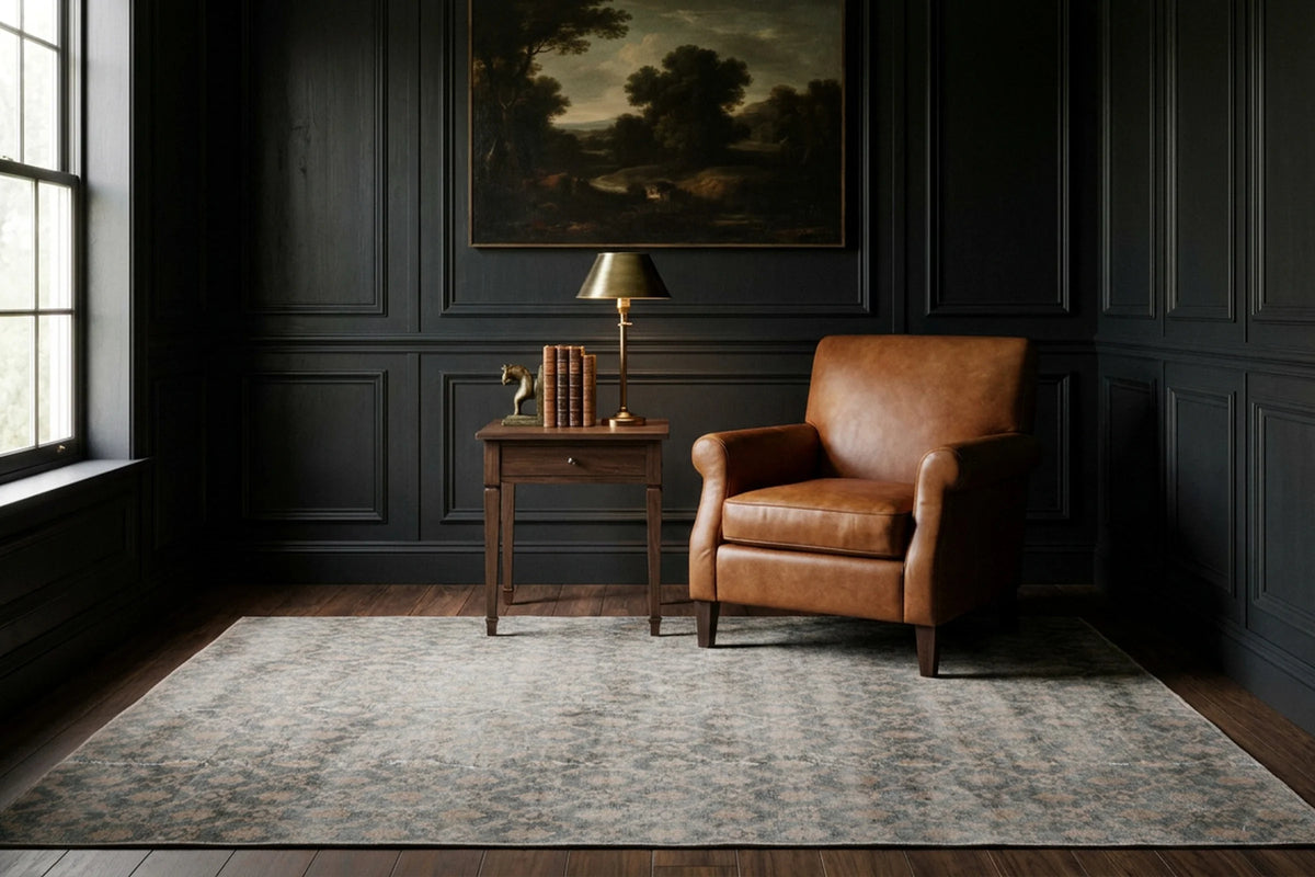 Green Turkish rug in a den
