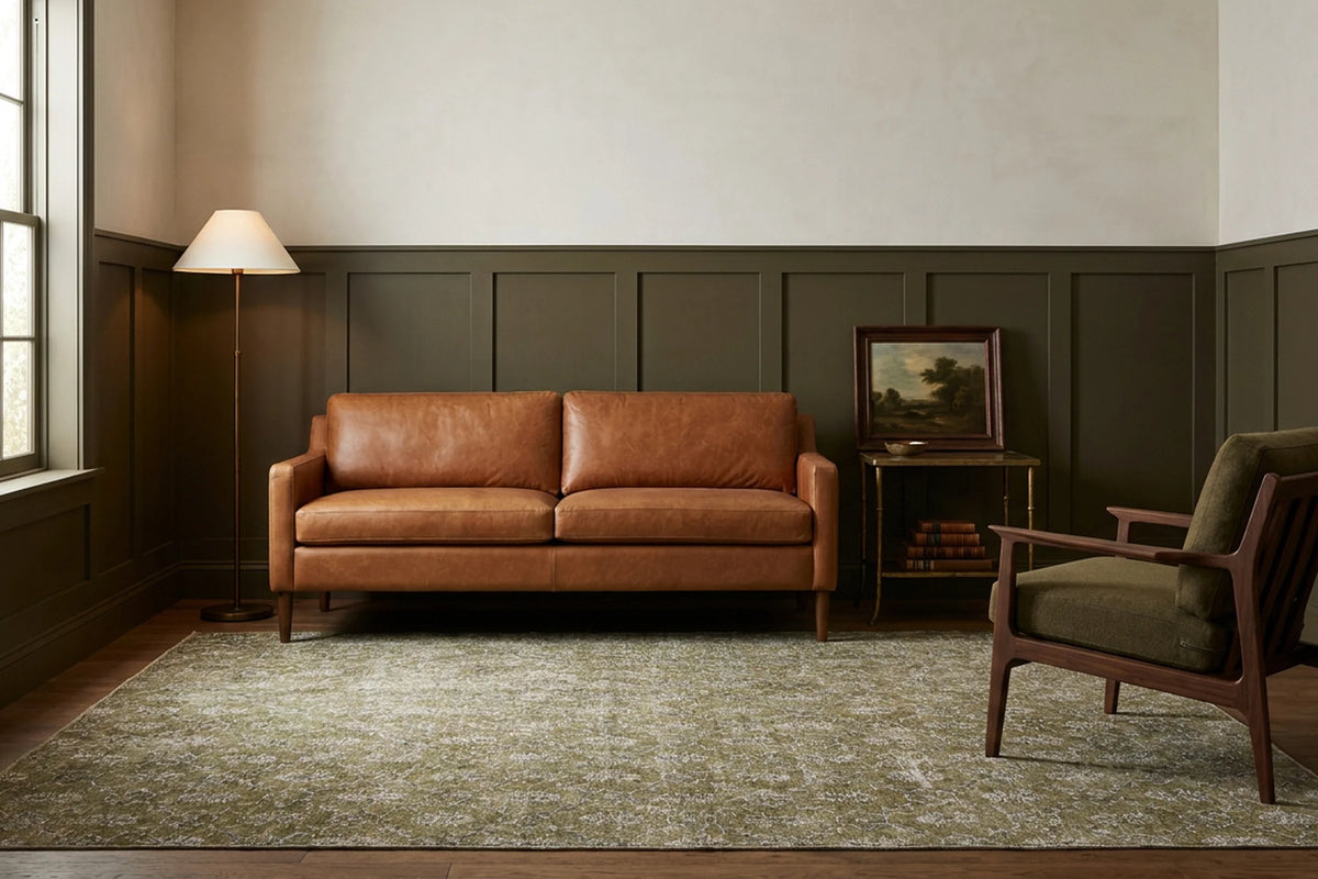 Green Turkish rug in a styled room