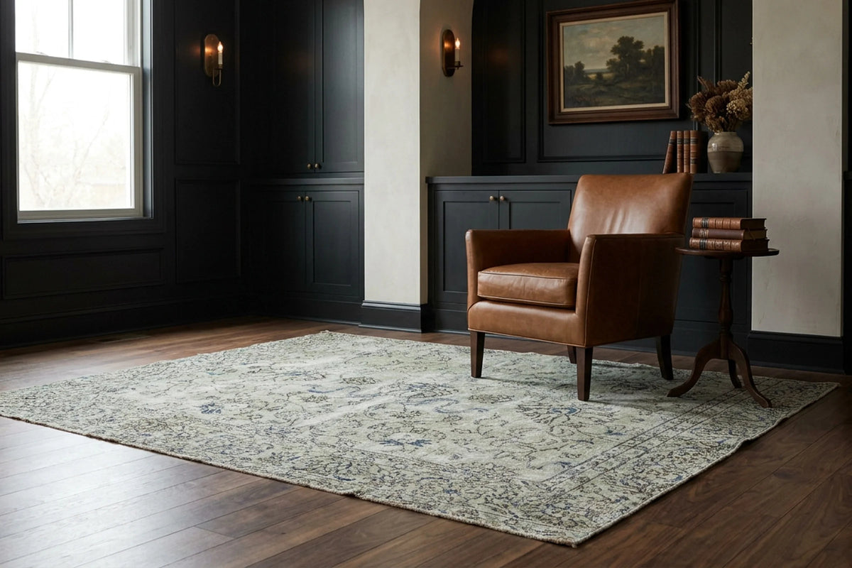 Green Turkish rug in a styled room