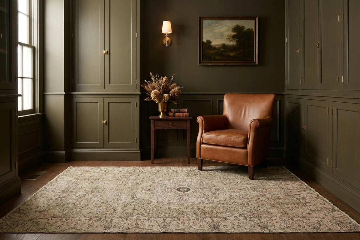 Green Turkish rug in a styled room