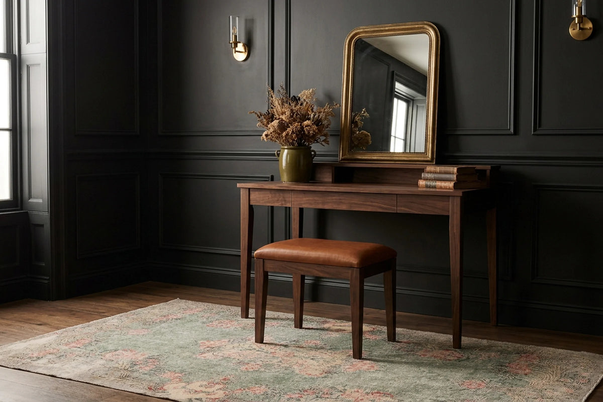 Green Turkish rug in a styled room