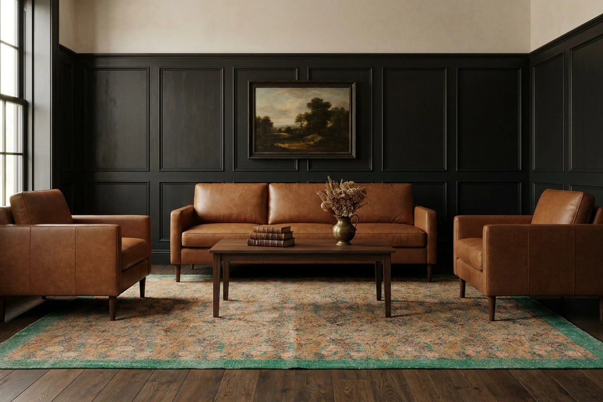 Green Turkish rug in a den