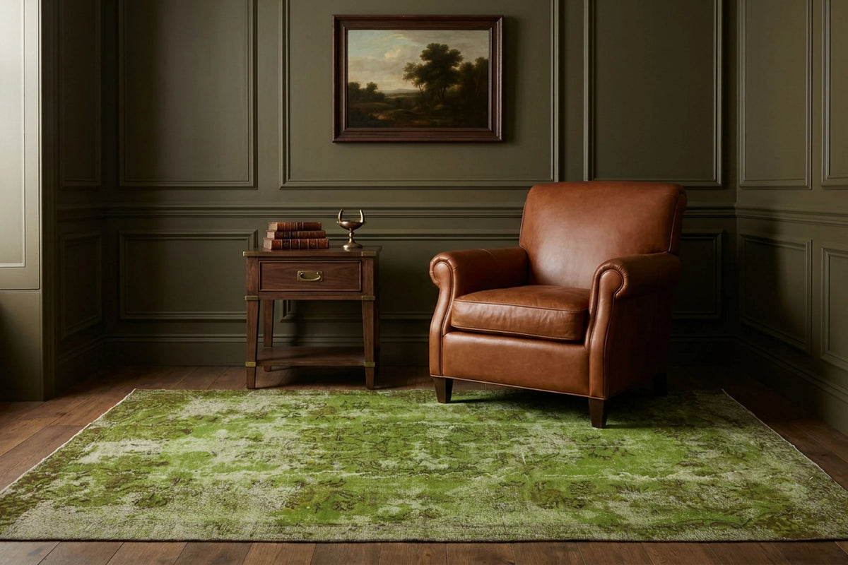 Green Turkish rug in a styled room