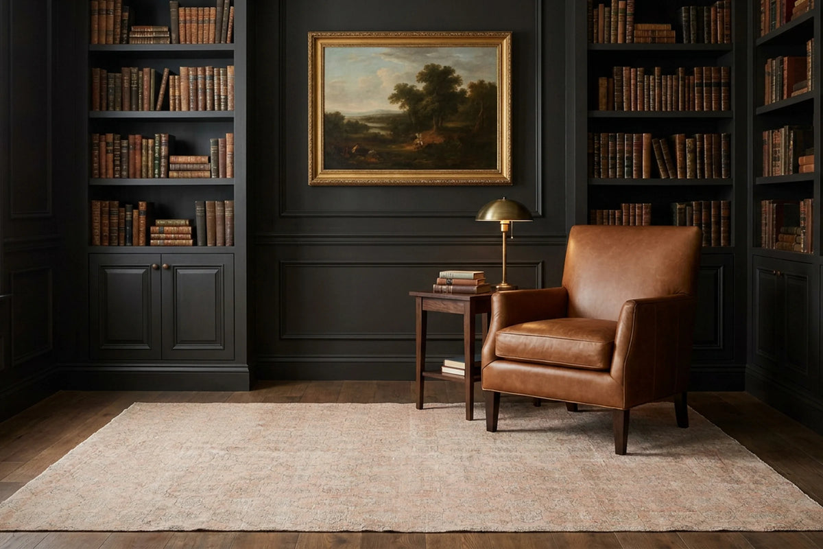 Green Turkish rug in a library