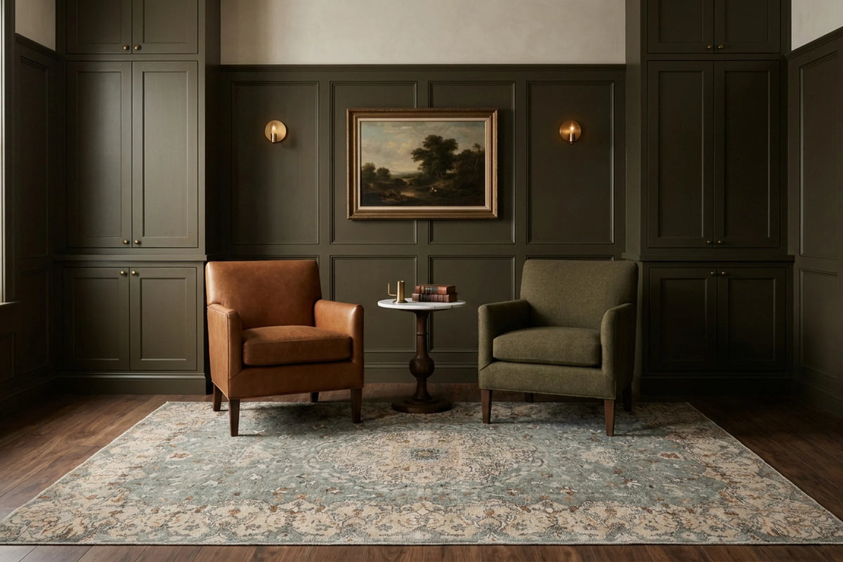 Green Turkish rug in a styled room