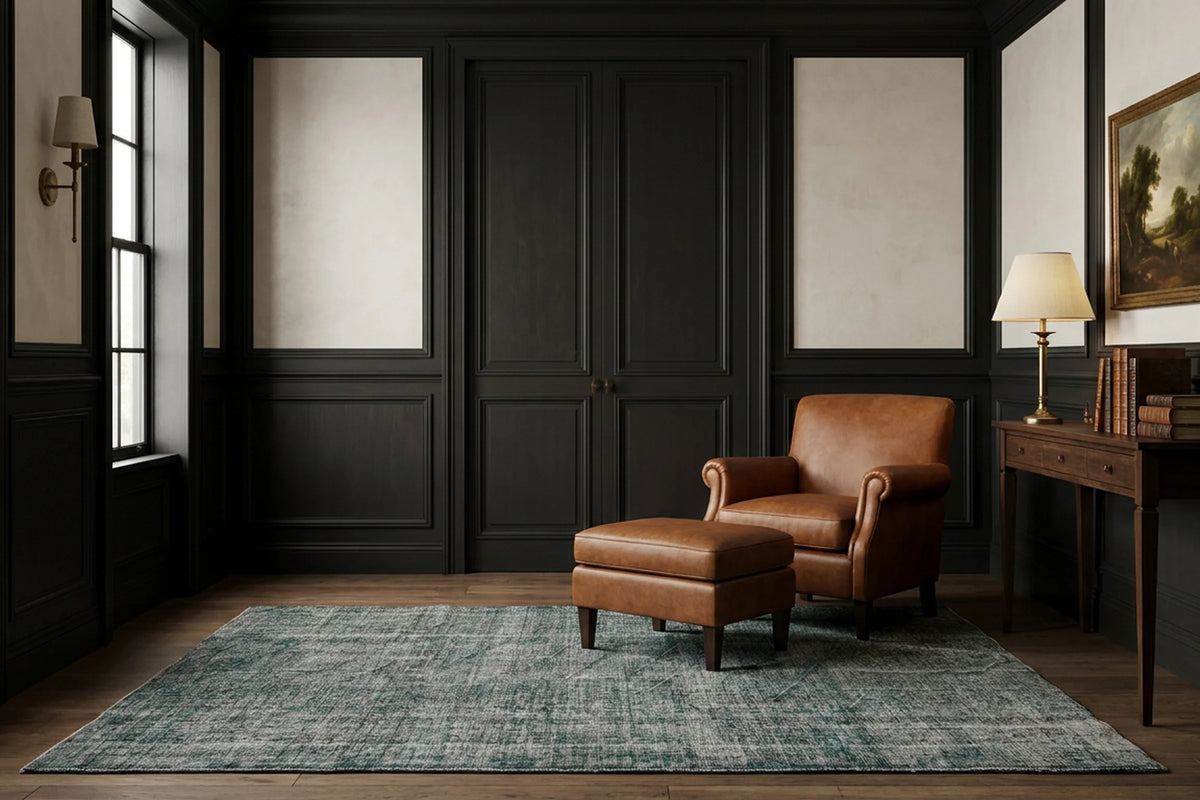 Green Turkish rug in a styled room