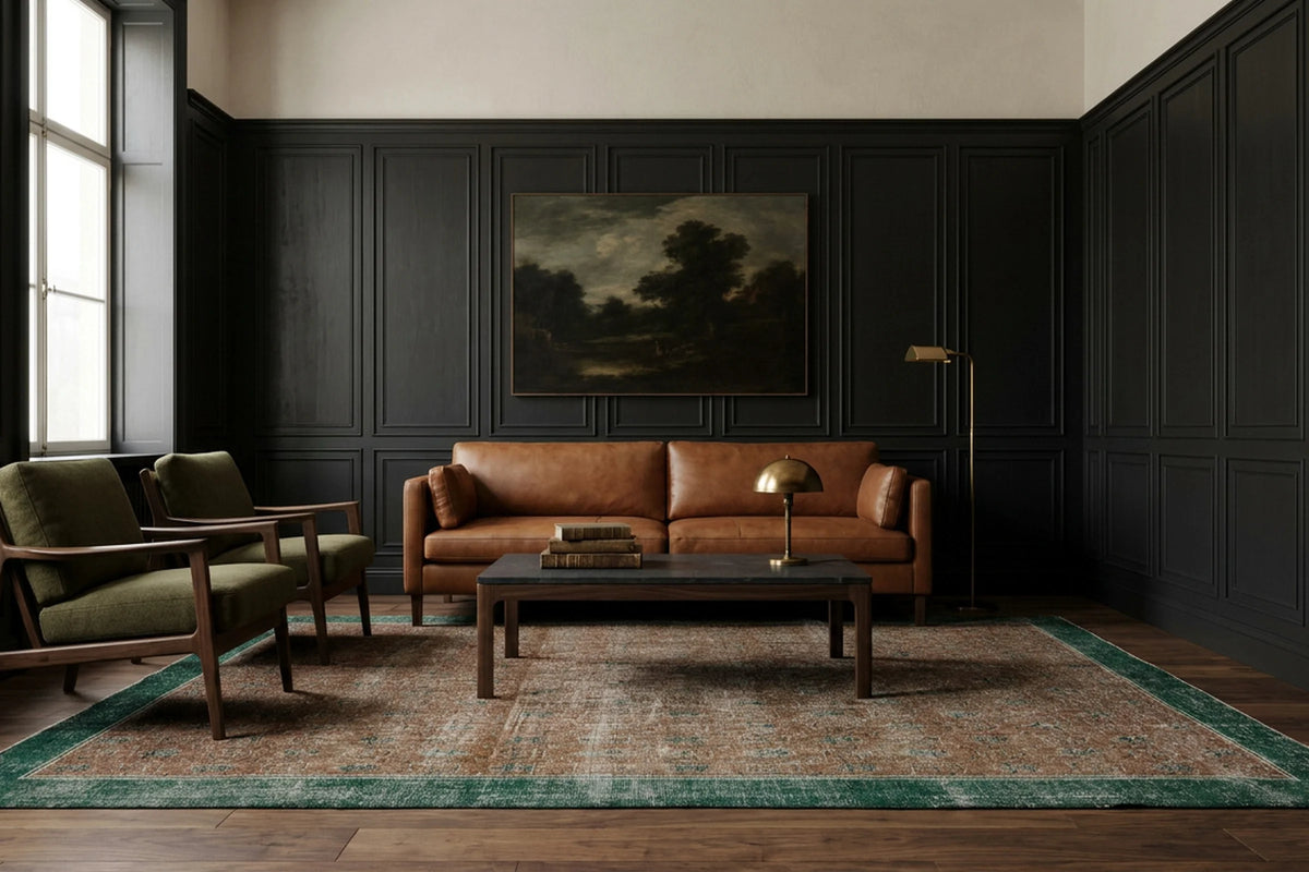 Green Turkish rug in a living room