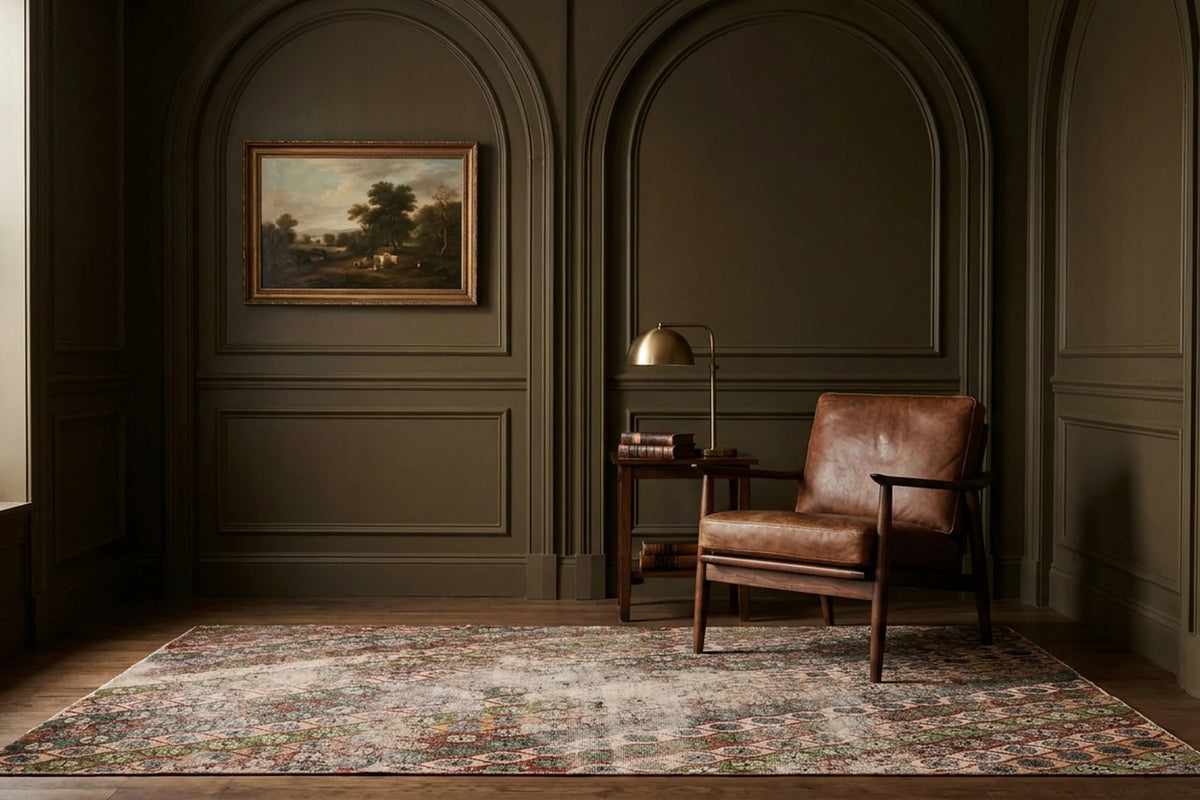 Green Turkish rug in a styled room