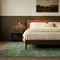 Green Turkish rug in a styled room