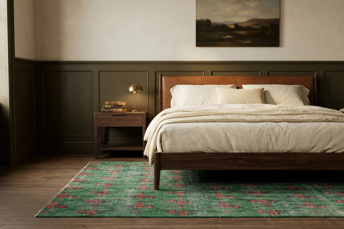 Green Turkish rug in a styled room