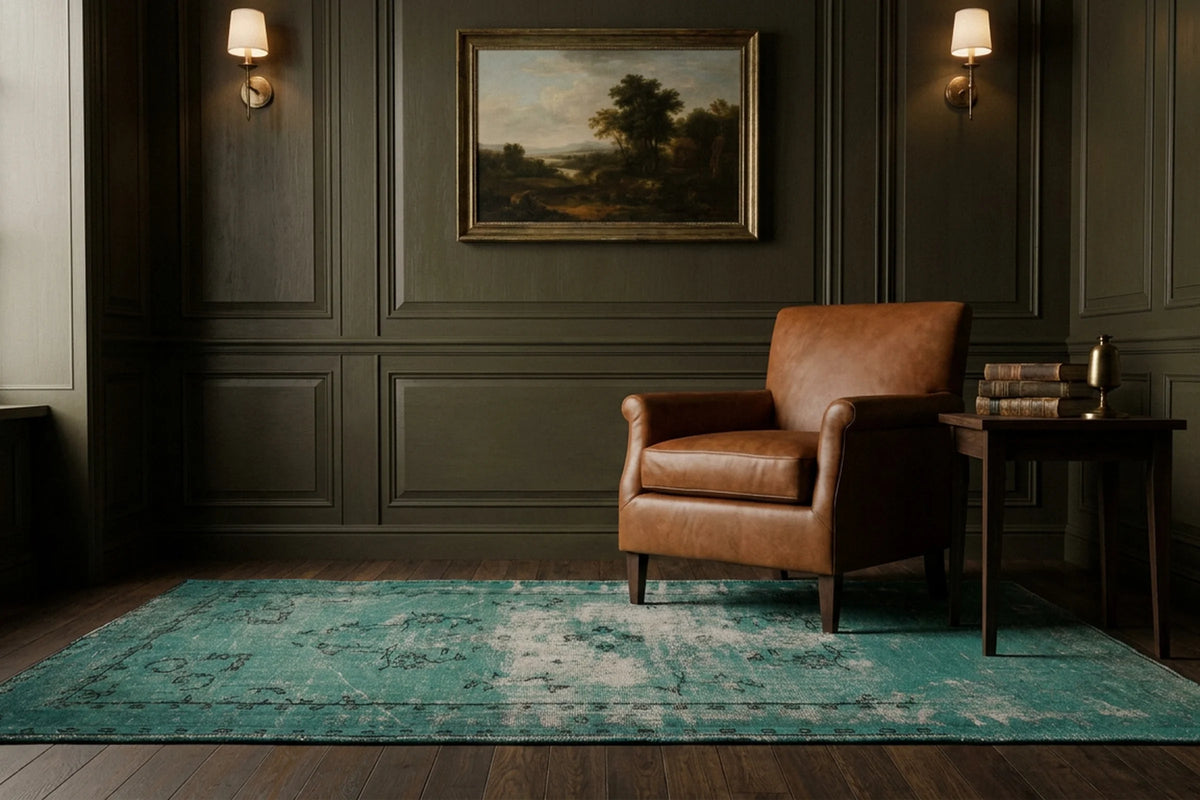 Green Turkish rug in a styled room