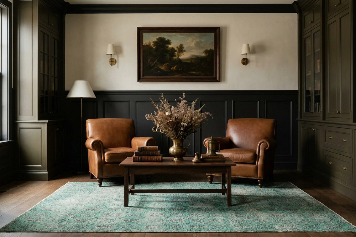 Green Turkish rug in a library
