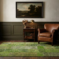 Green Turkish rug in a styled room