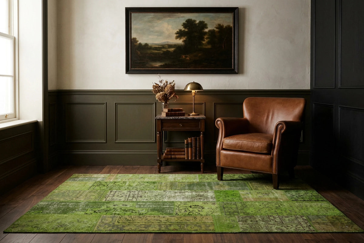 Green Turkish rug in a styled room