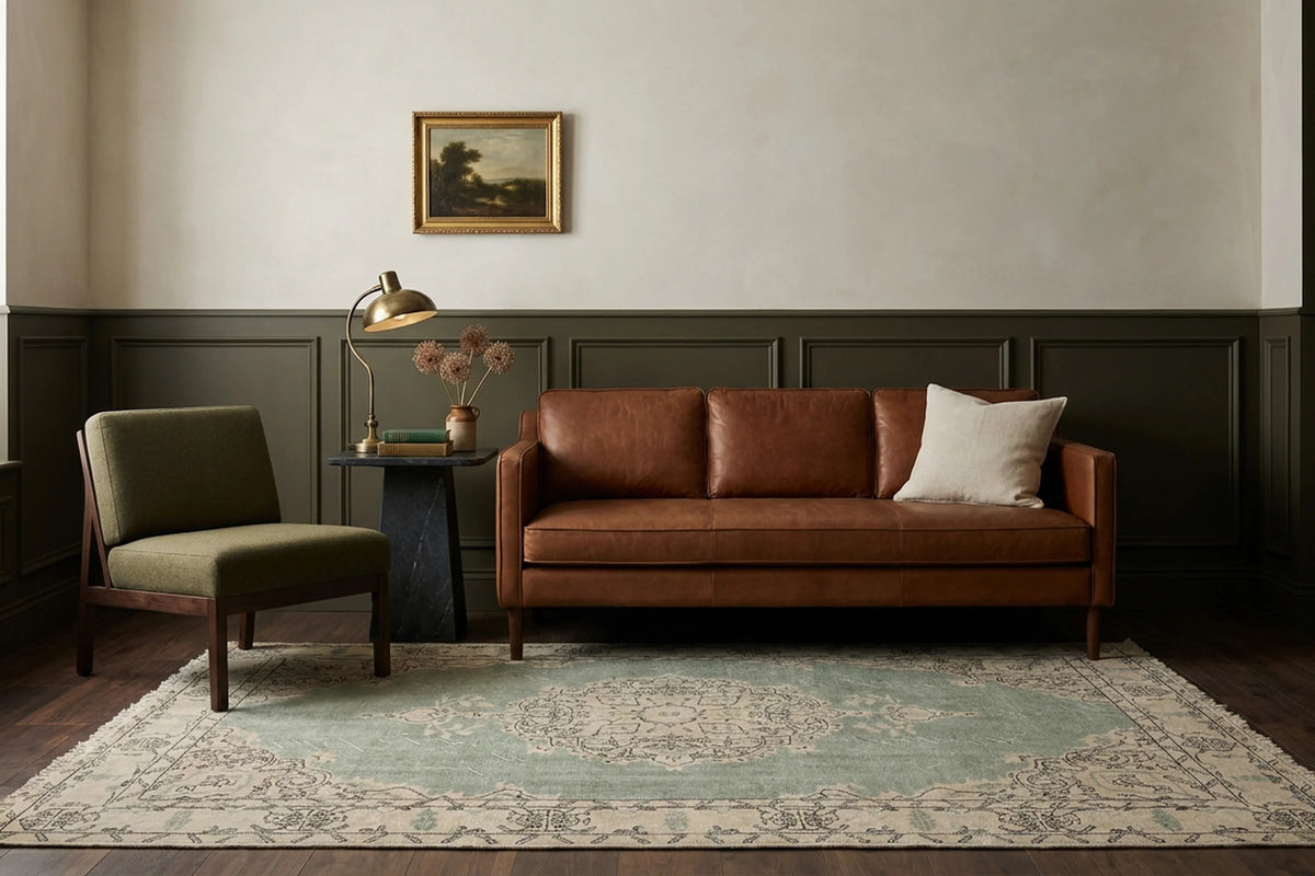 Green Turkish rug in a conservatory